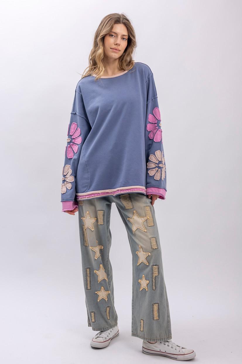 Flower Patch Long Sleeve Round Neck Top