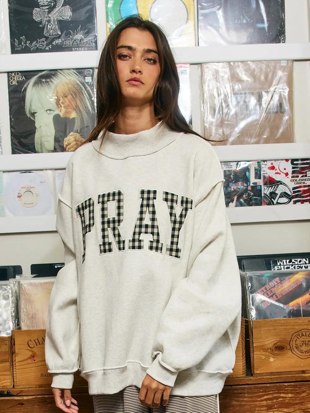 'Pray' Gingham Appliqué Mockneck Sweatshirt