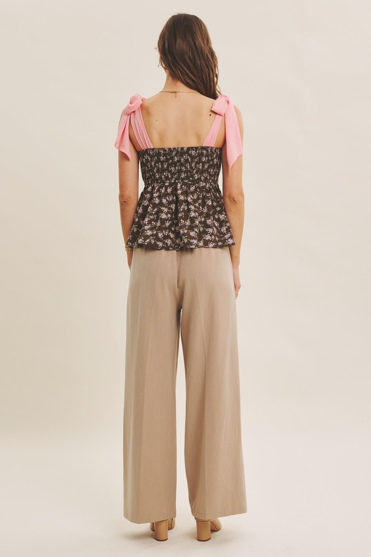 Brown/Pink Romantic Floral Flowy Smocked Top