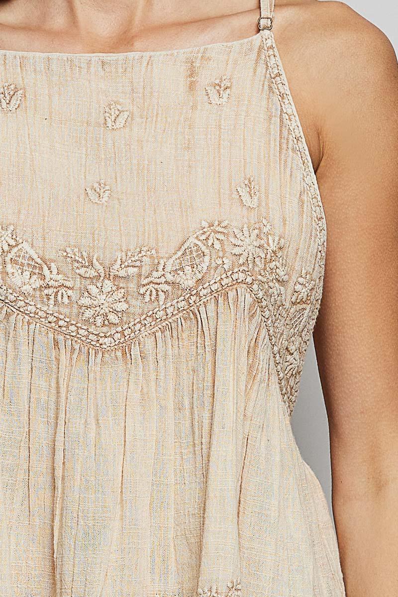 Square Neck Sleeveless Washing Effect Floral Embroidered Top