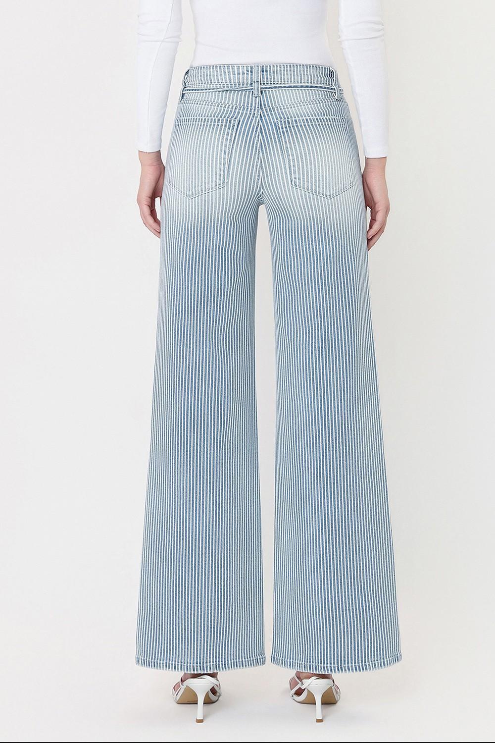 High Rise Waist Tie Striped Wide Leg Jeans