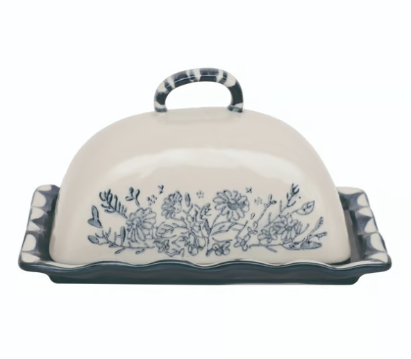Stoneware Butter Dish W Floral Design
