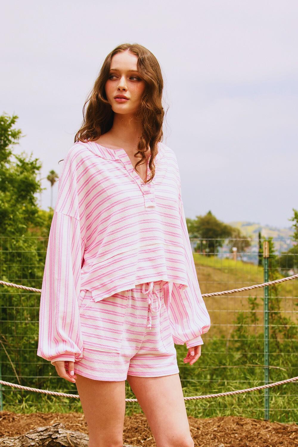 Pink Lantern Sleeve Striped Terry Top