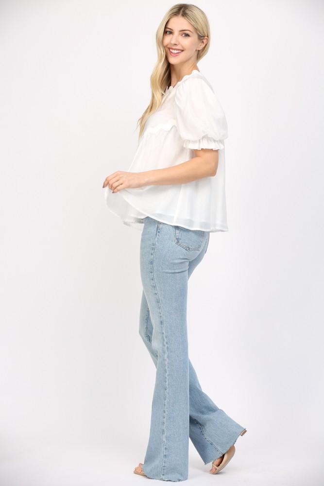 White Ric-Rac Trimmed Puffed Sleeves Top