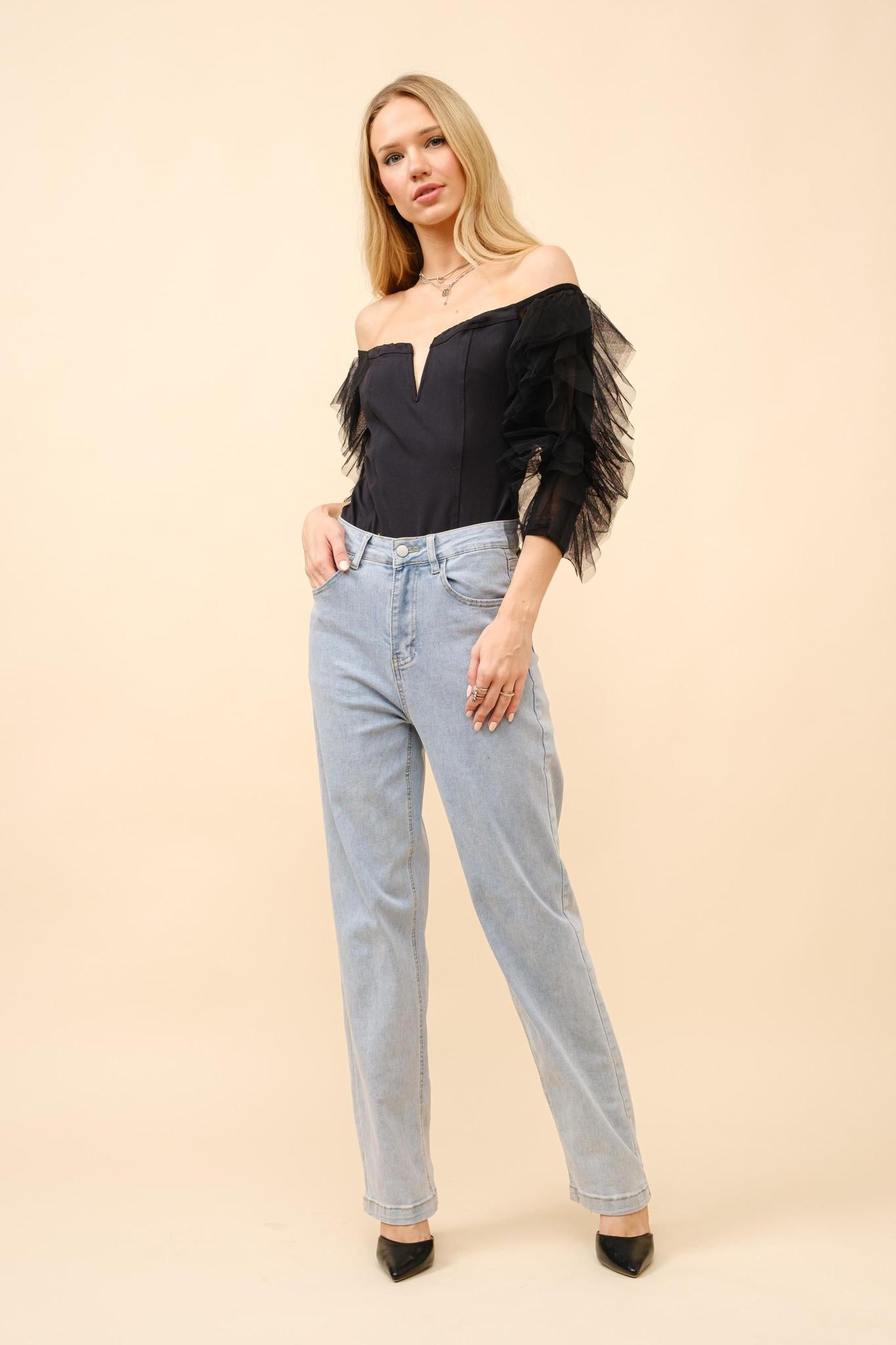 Tulle Ruffle Sleeve V-Wire Bodysuit