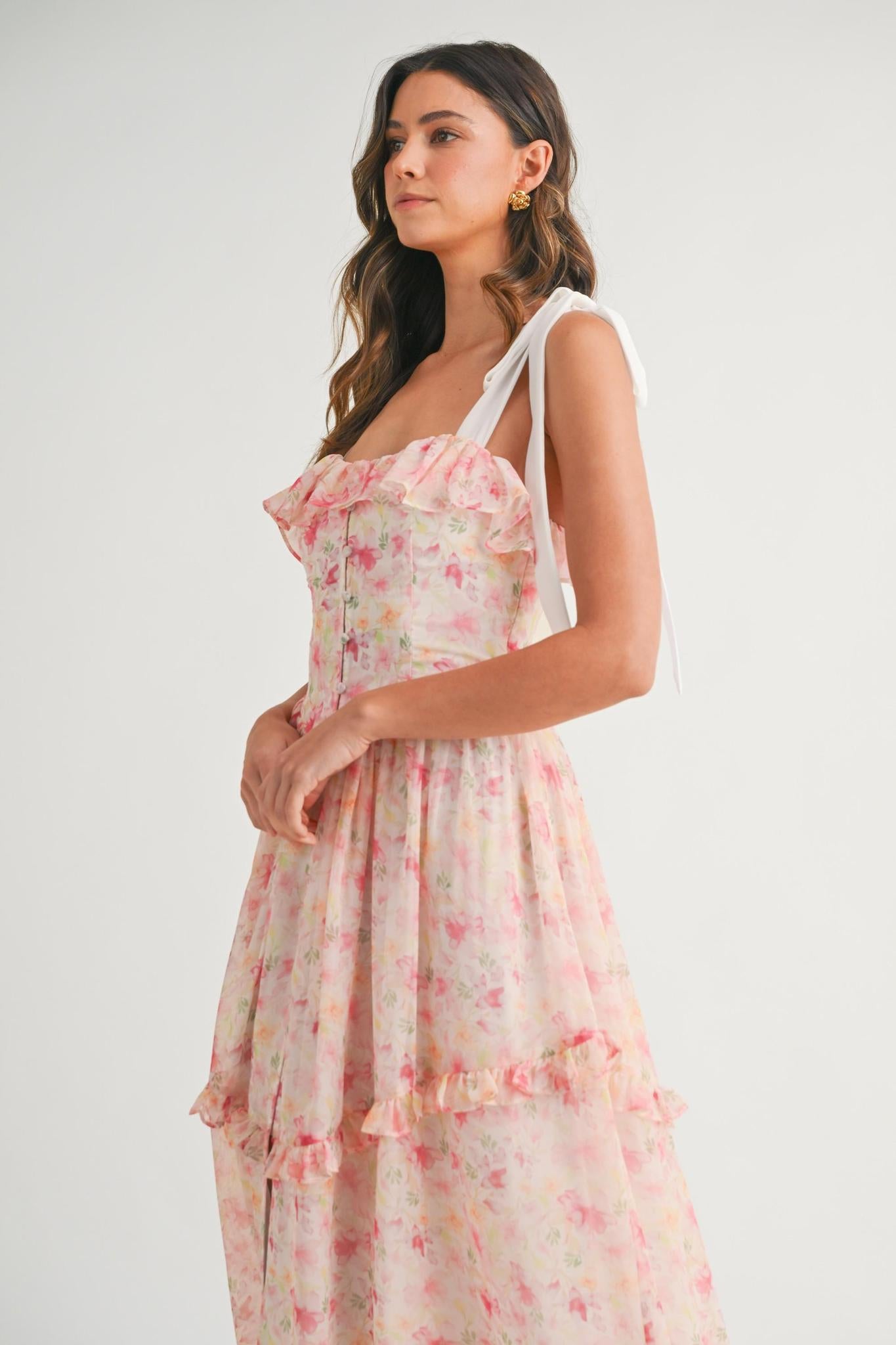 Pink Floral Printed Shoulder Strap Midi Dress
