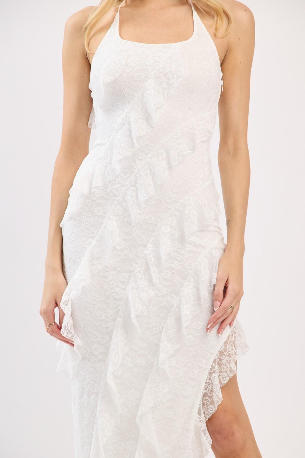 White Lace Halter Neck Ruffle Maxi Dress