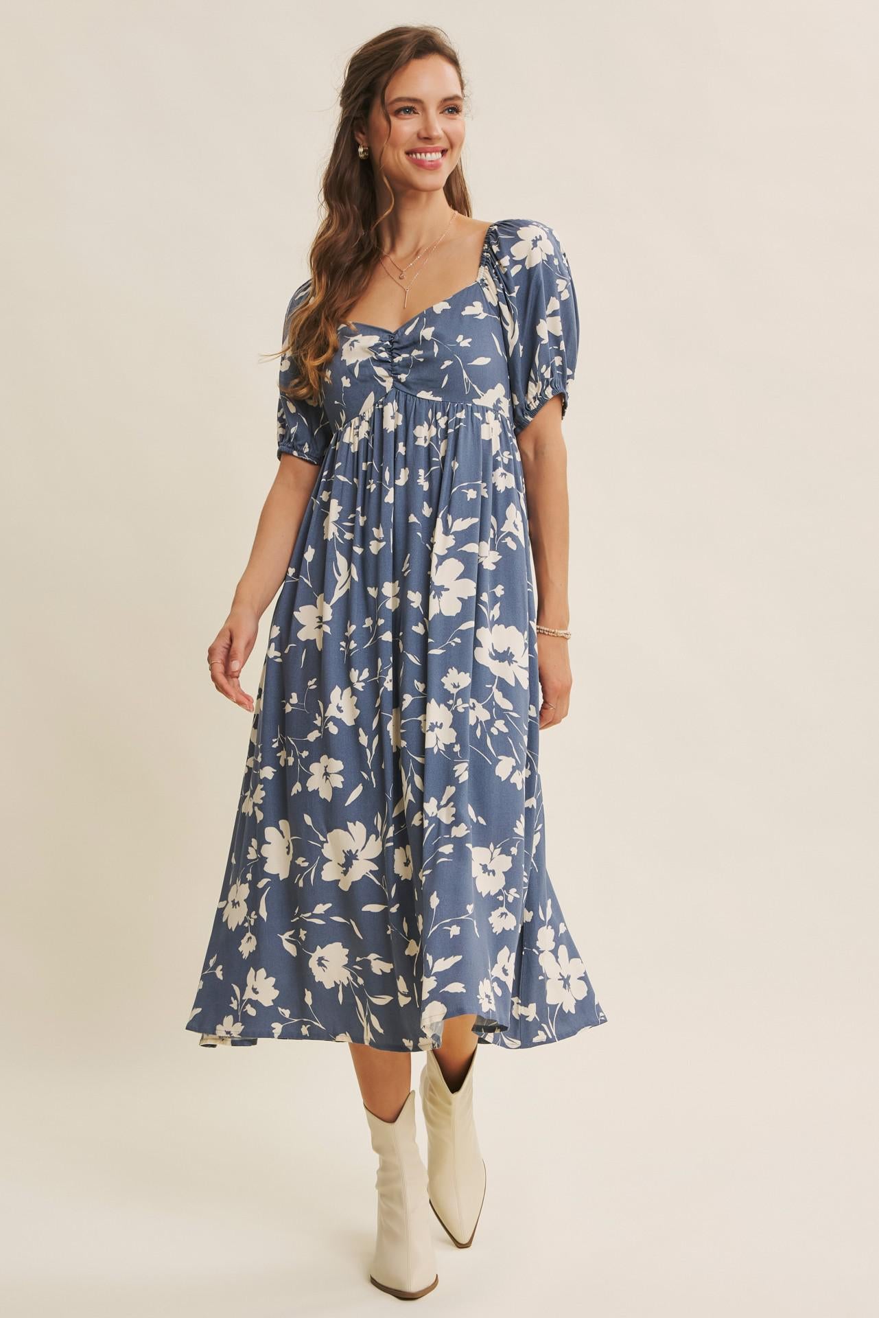 Vintage Denim Flowy Sweetheart Neck Midi Dress