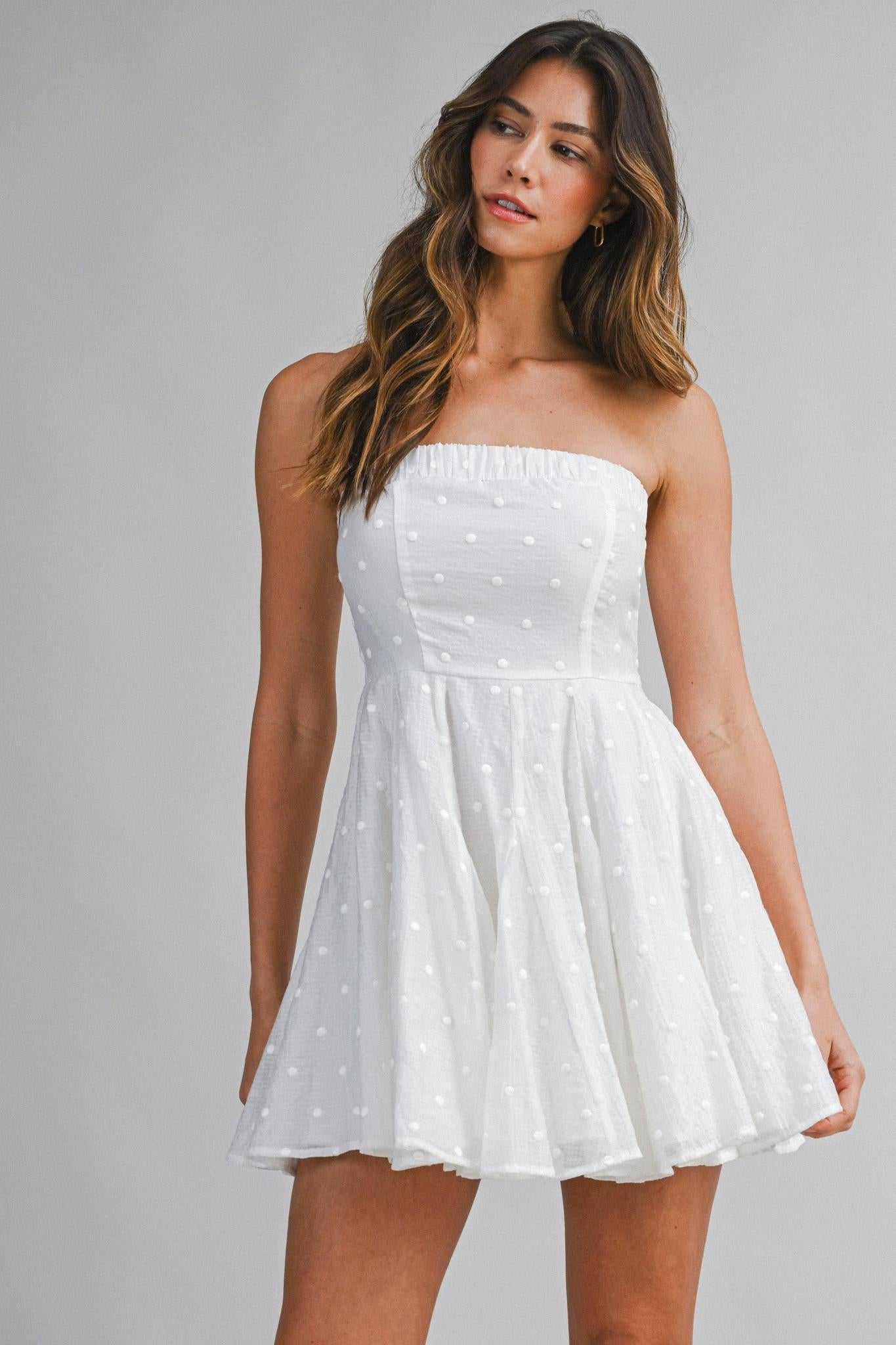 Textured Dot Strapless Flared Skirt Mini Dress