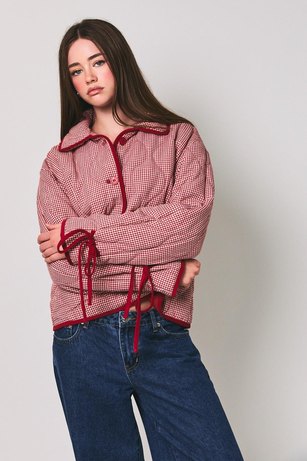 Gingham Quilted Jacket With Corduroy Contrast Detail