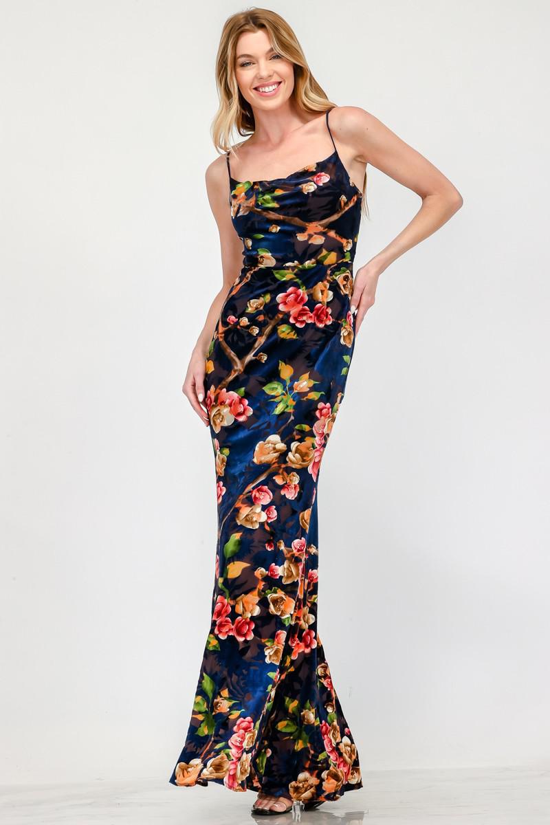 Sleeveless Floral Velvet Maxi Dress