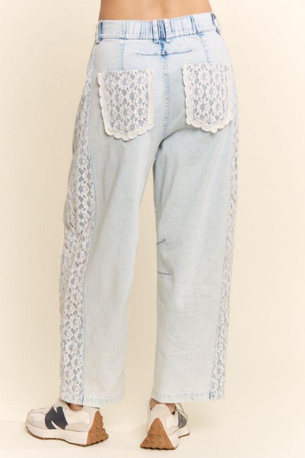 Baggy High Waisted Lace Trim Jeans Relaxed Fit