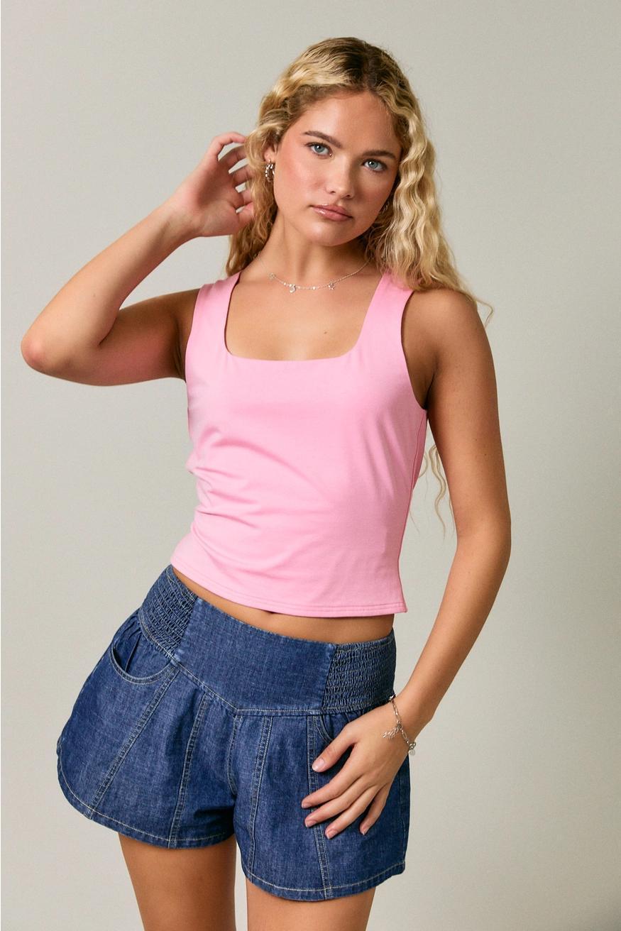 Self Double Square Neck Top with Back Contrast Tie Detail