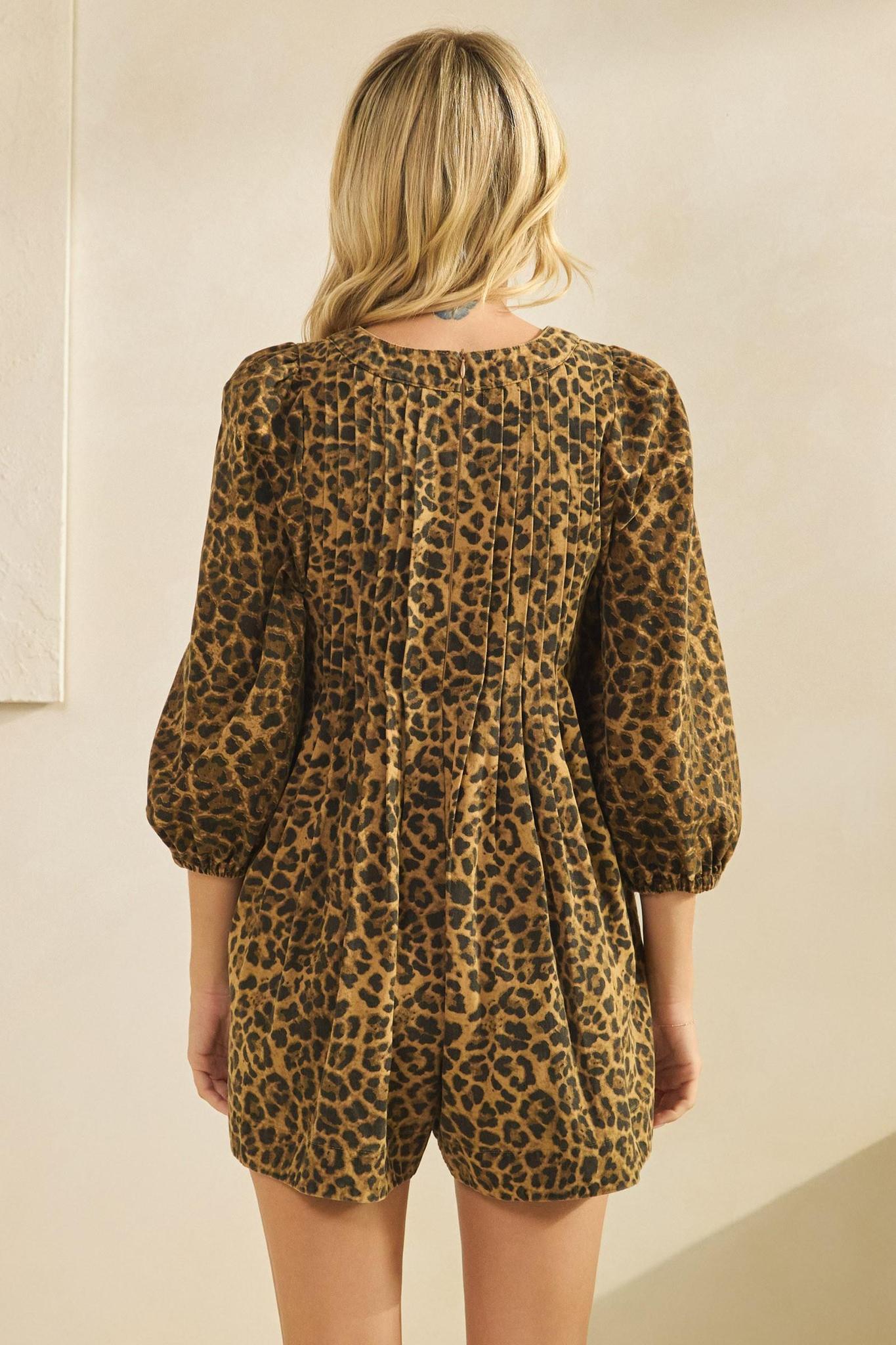 Leopard Pleated Long Sleeve Denim Romper