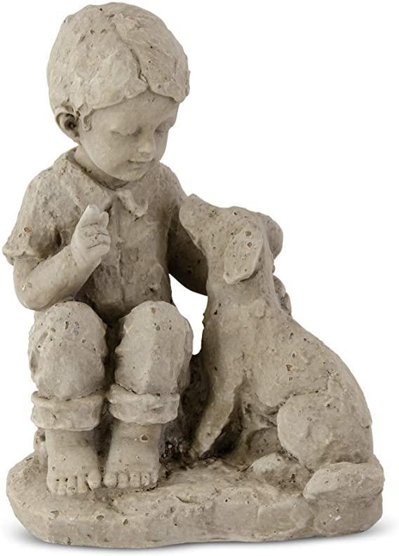 12" Tan Resin Boy With Dog