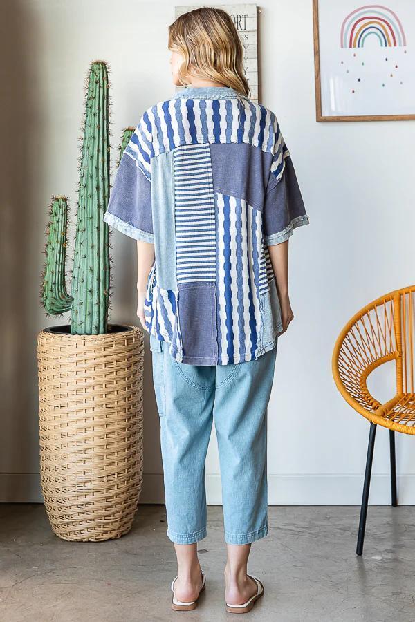 Washed Color Block Short Sleeve Button-Up Top