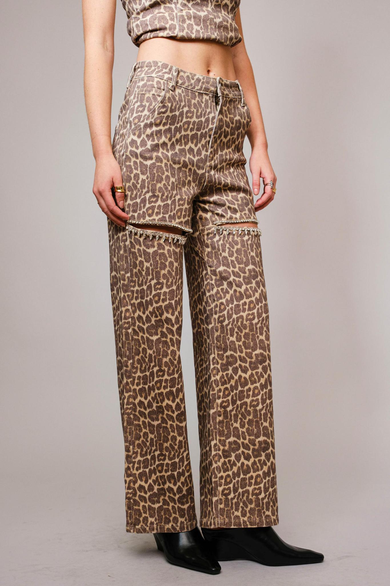 Leopard Print Rhinestone Cutout Jeans