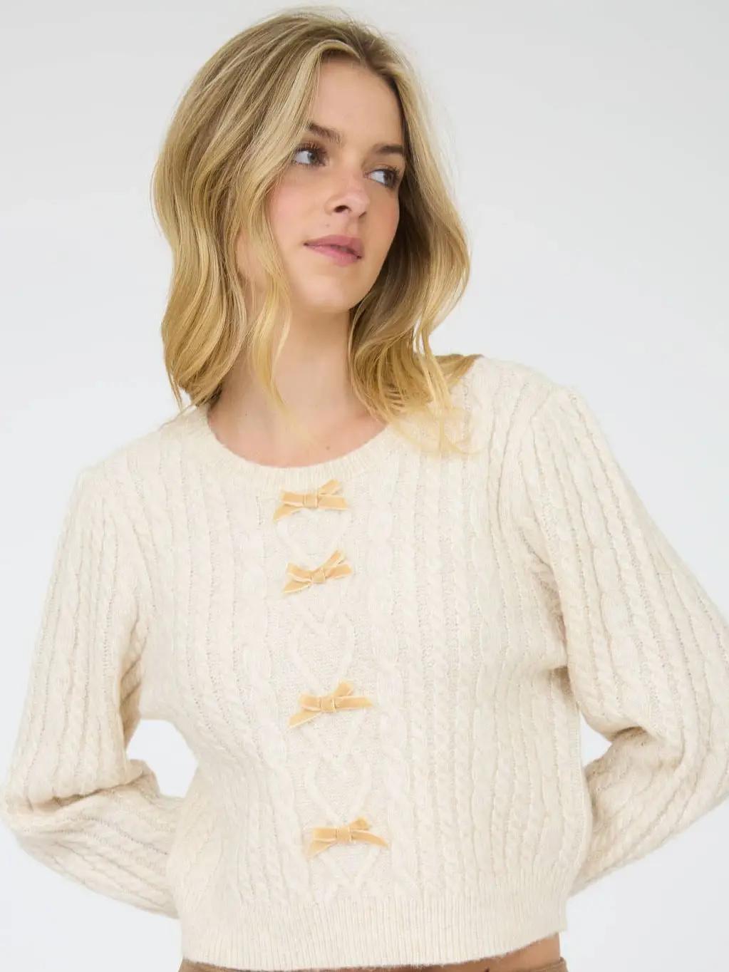 Cable Knit Velvet Bow Knit Sweater