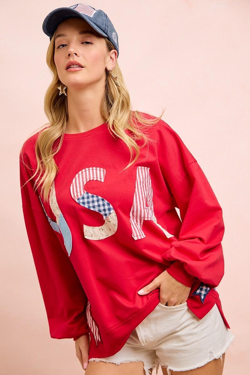 Red 4th of July Pattern Patch Bow Sides Sweatshirt