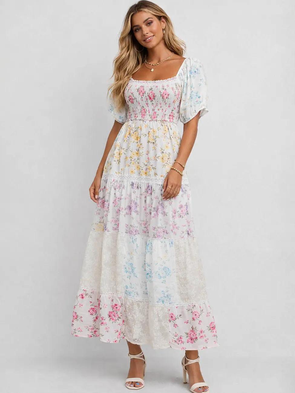 Boho Floral Print Square Neck Puff Sleeves Maxi Dress