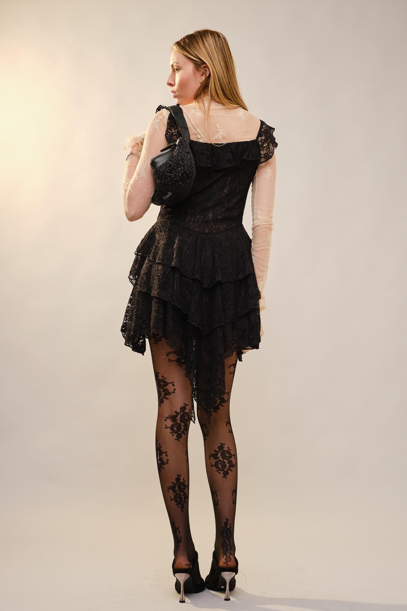 Black Square Neck Lace Ruffle Dress