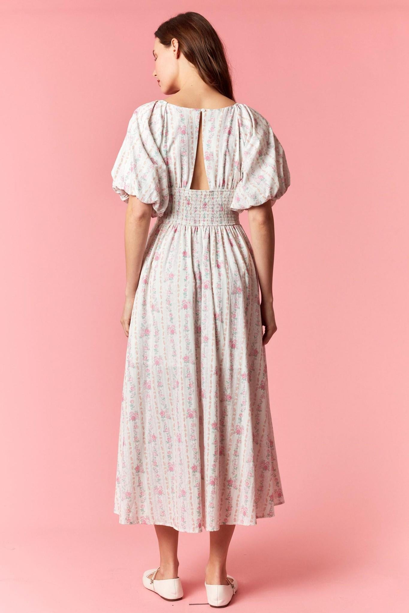 Striped Floral Bubble Sleeve Pleat Detail Dress
