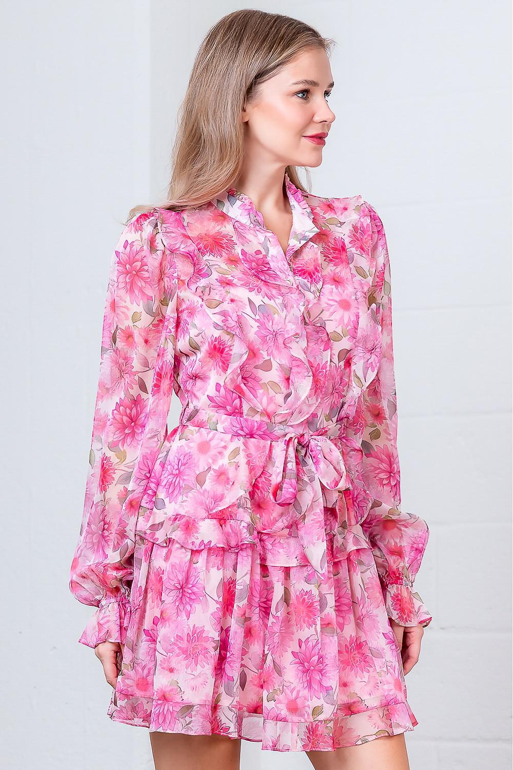 Button Up Pink Floral Ruffle Dress