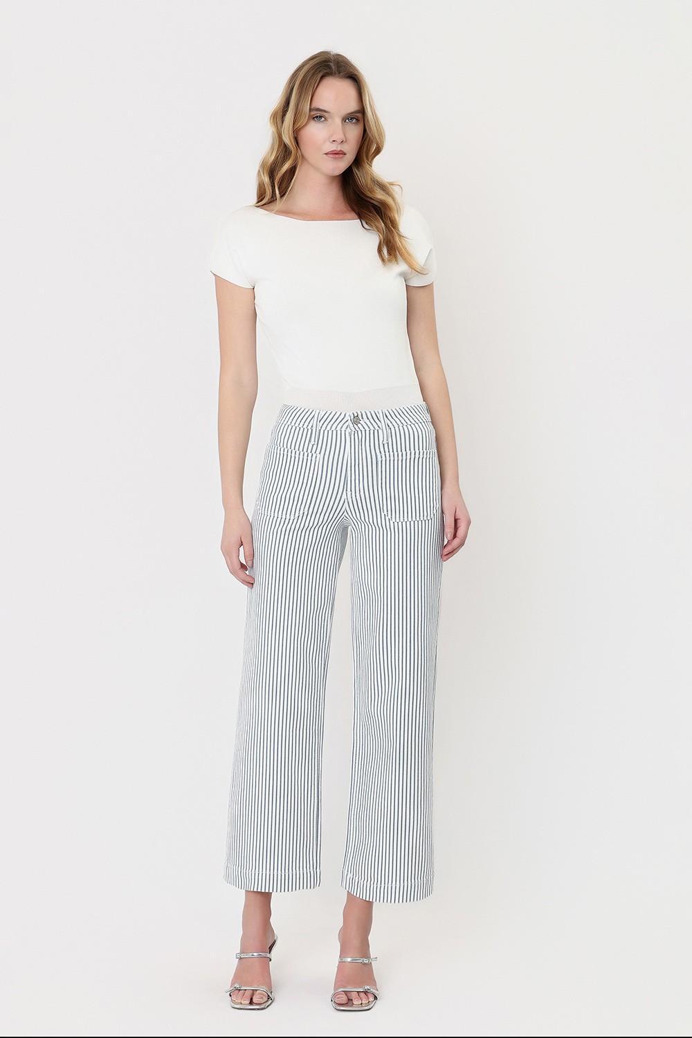 High Rise Patch Pocket Crop Striped Wide Leg Jeans