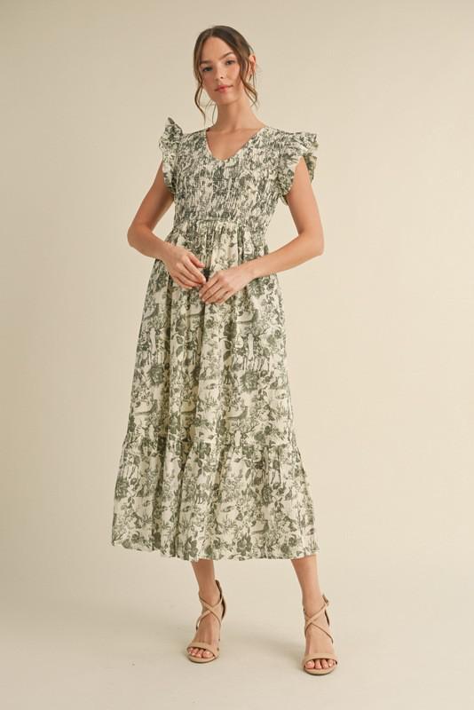 Green Print Midi Dress with Pockets