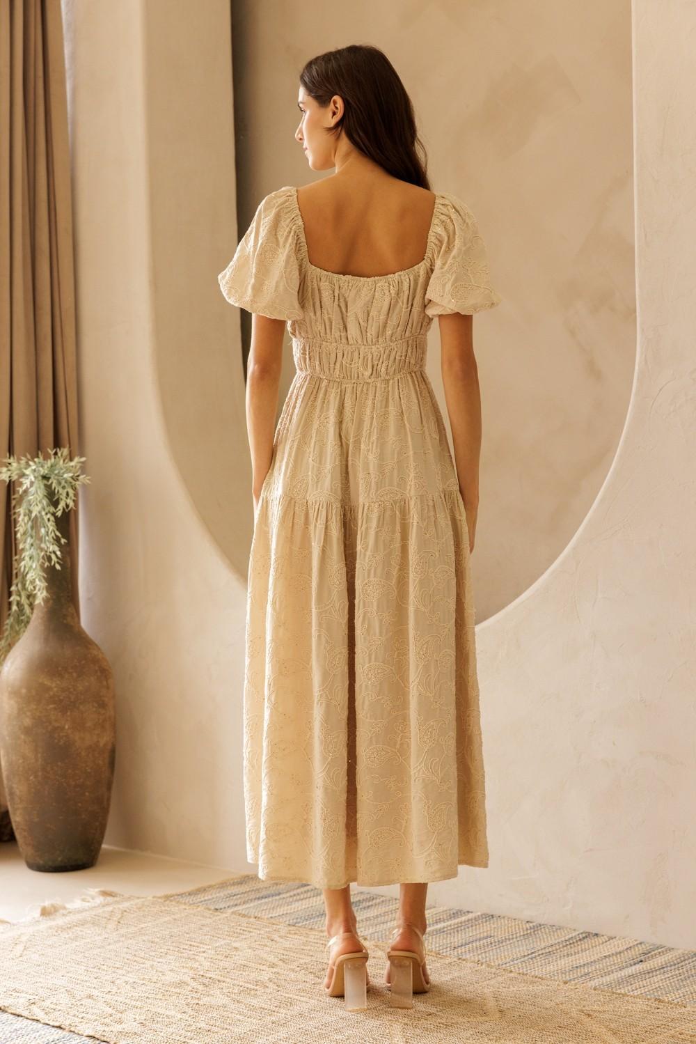 Beige Floral Embroidered Puff Sleeve Midi Dress