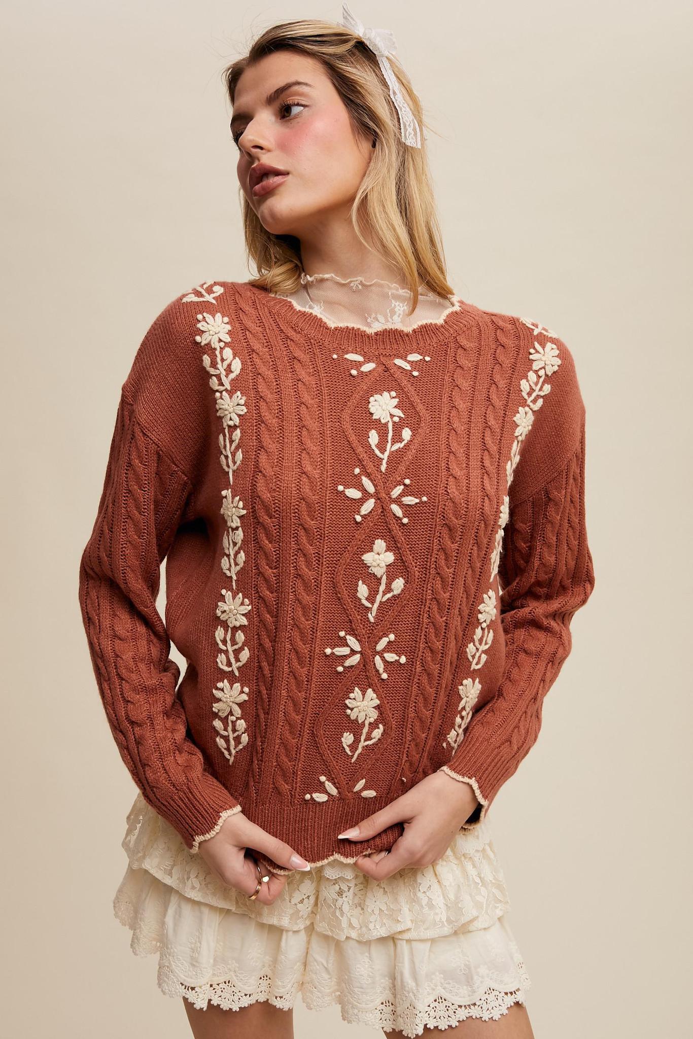 Floral Embroidered Cable Knit Sweater