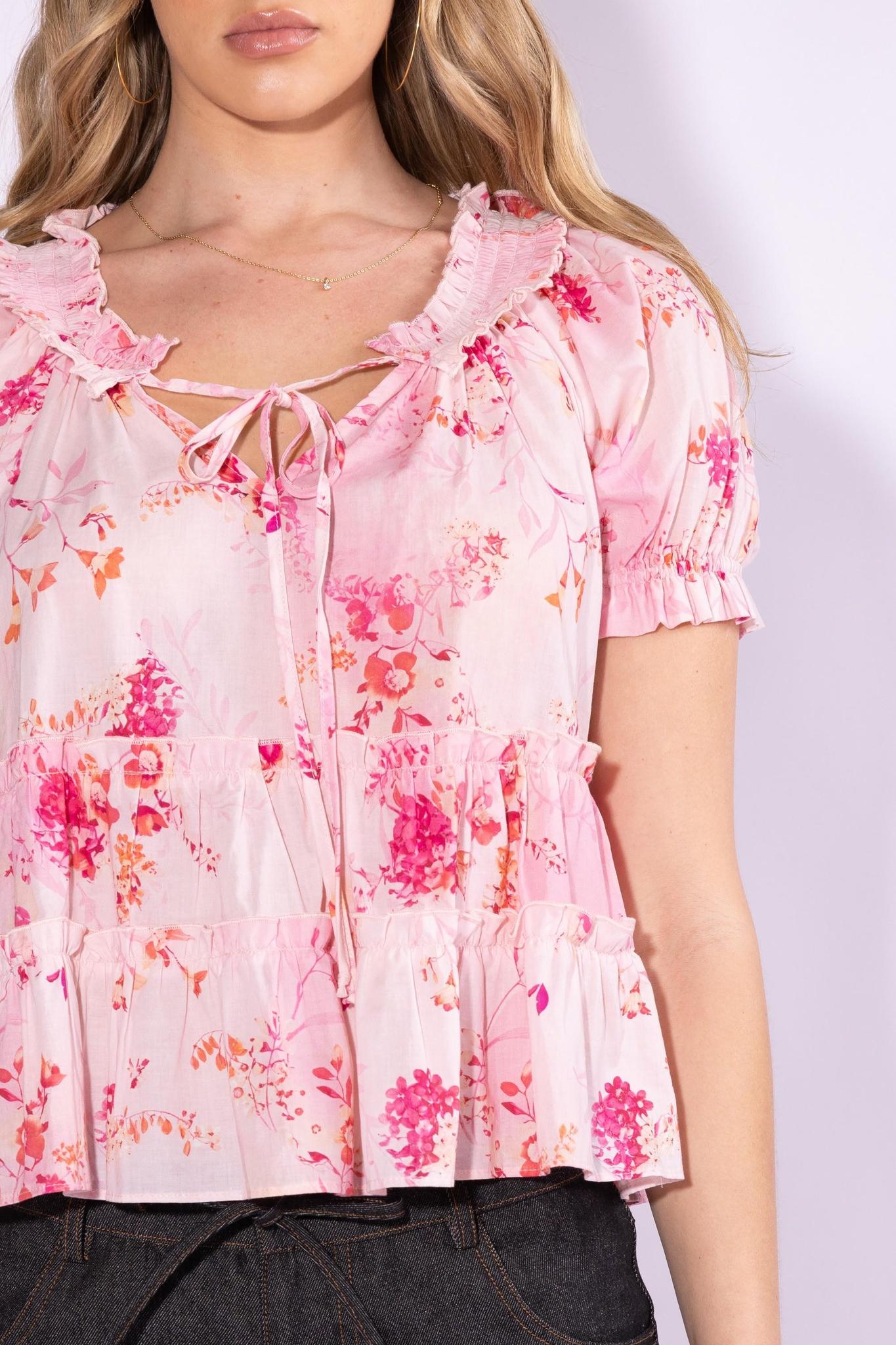Puff Sleeve Flower Print Babydoll Top - Pink