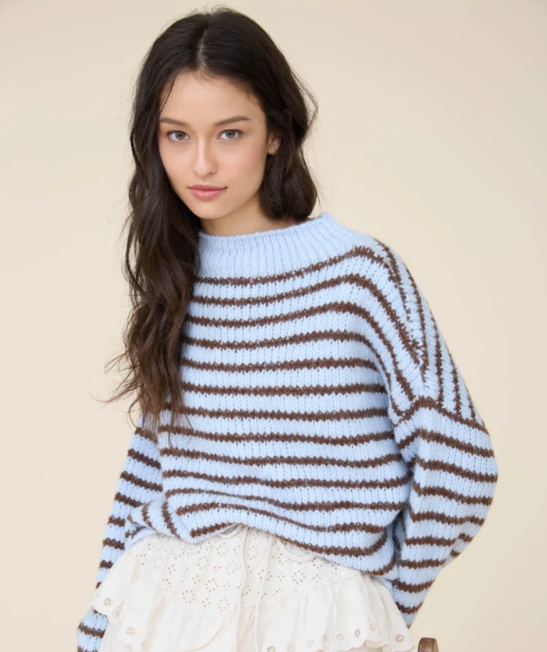STRIPE ROLLED - EDGE DETAIL LONG SLEEVE KNIT SWEATER - light blue