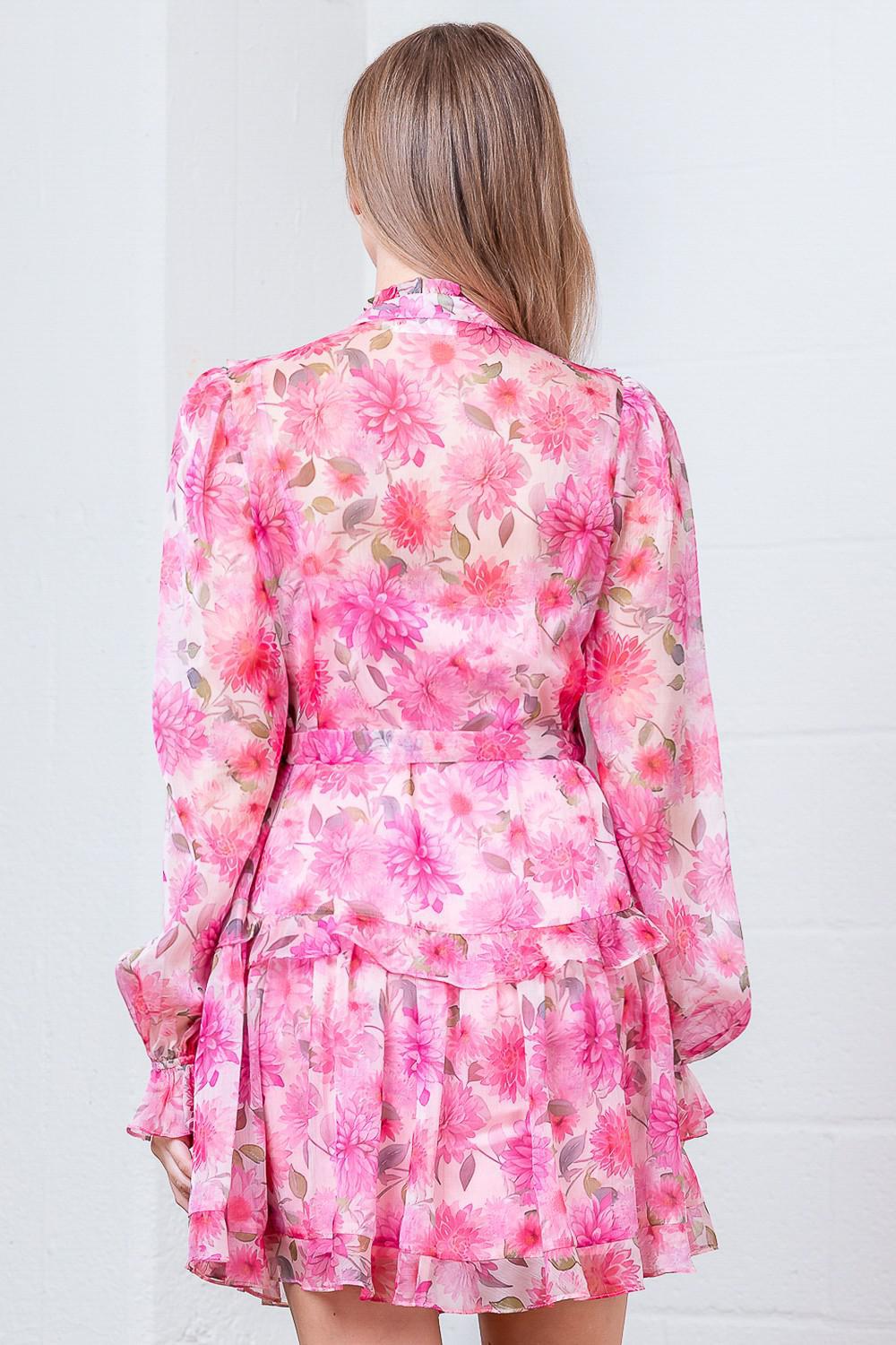 Button Up Pink Floral Ruffle Dress