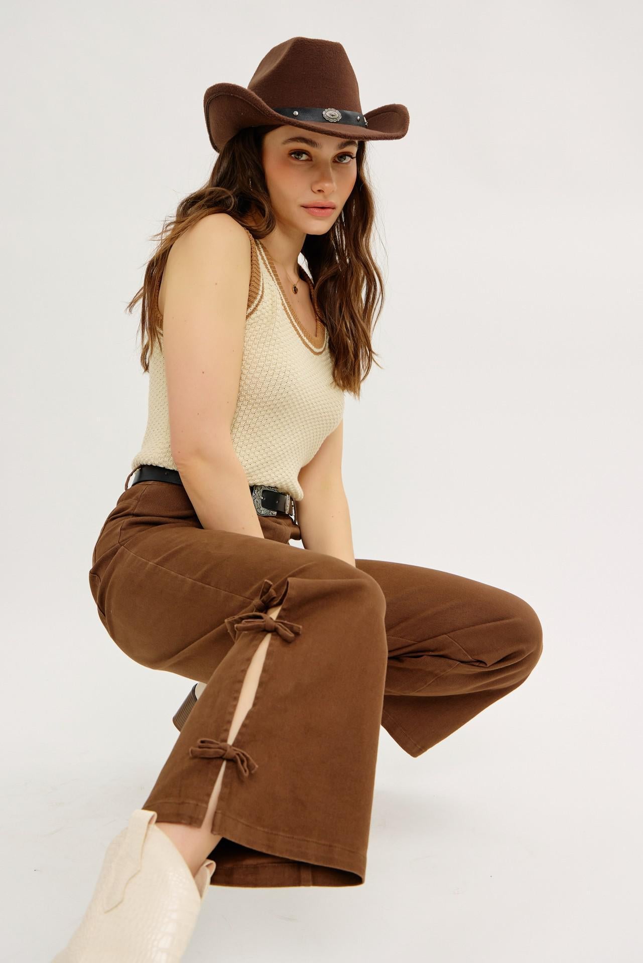 Garment Washed Side Bow Detail Western Pants