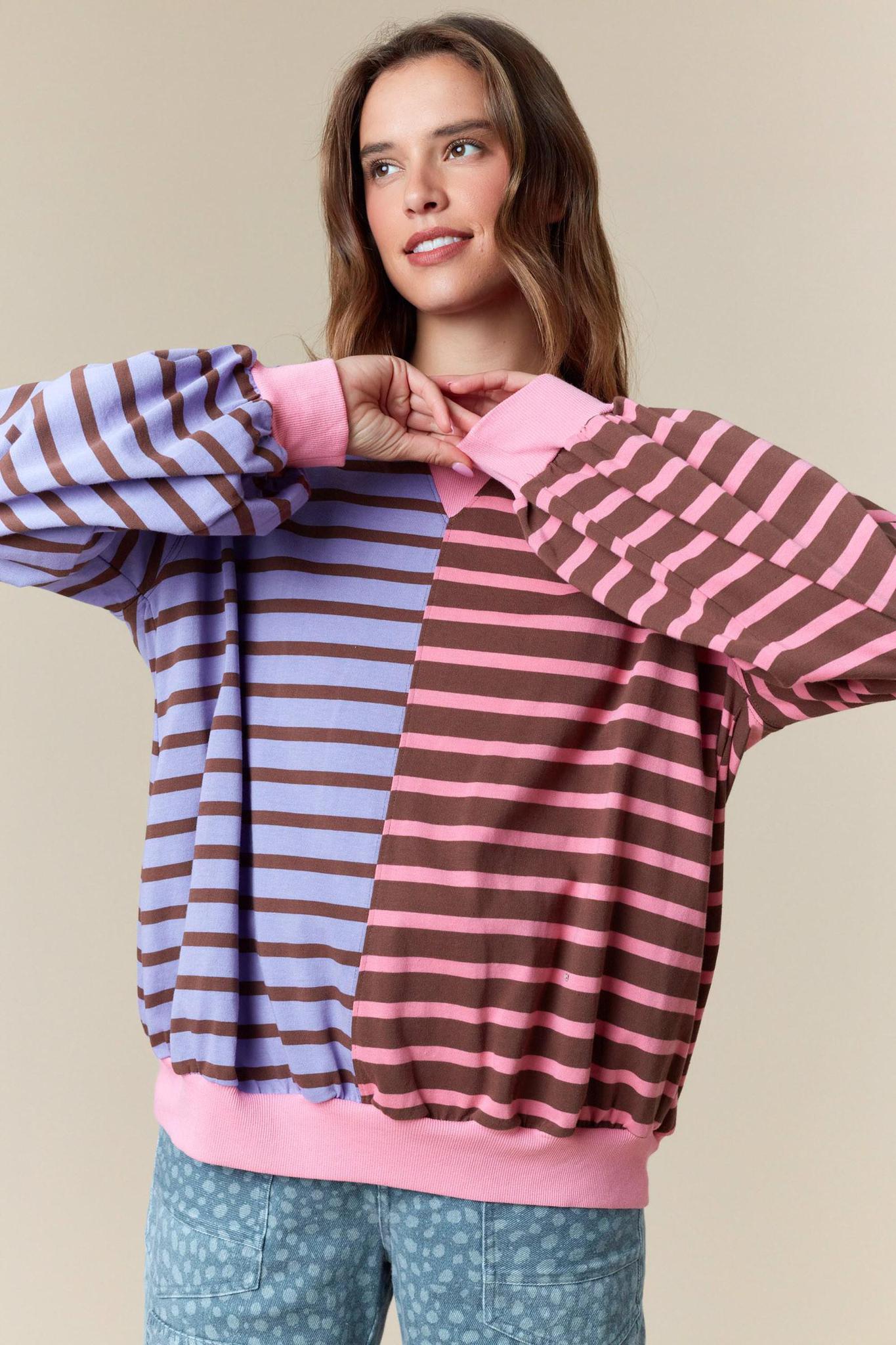 Half & Half Color Block Stripe Sweatshirt