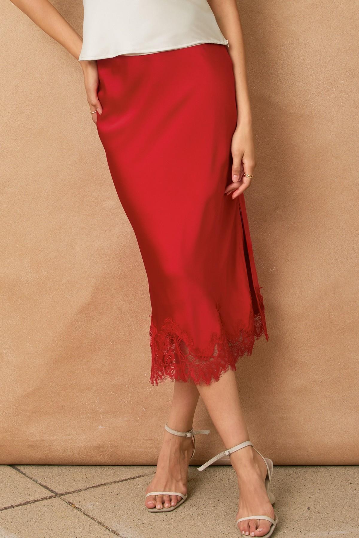 Red Rouge Satin Lace Hem Pencil Skirt