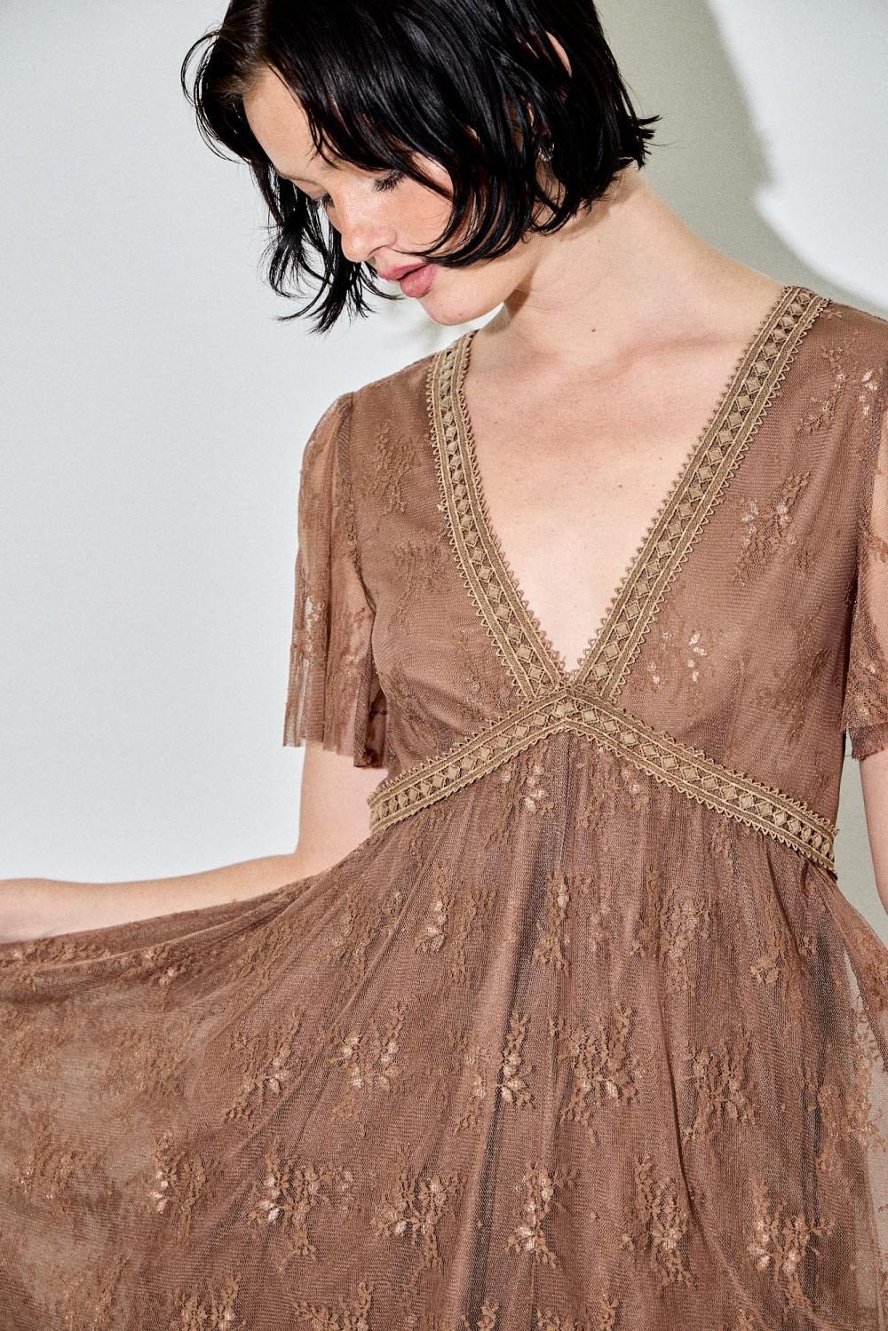 Brown Embellished Lace Hem Dress