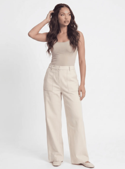 OATMEAL ELASTIC WAIST BUTTON WIDE LEG LINEN PANTS