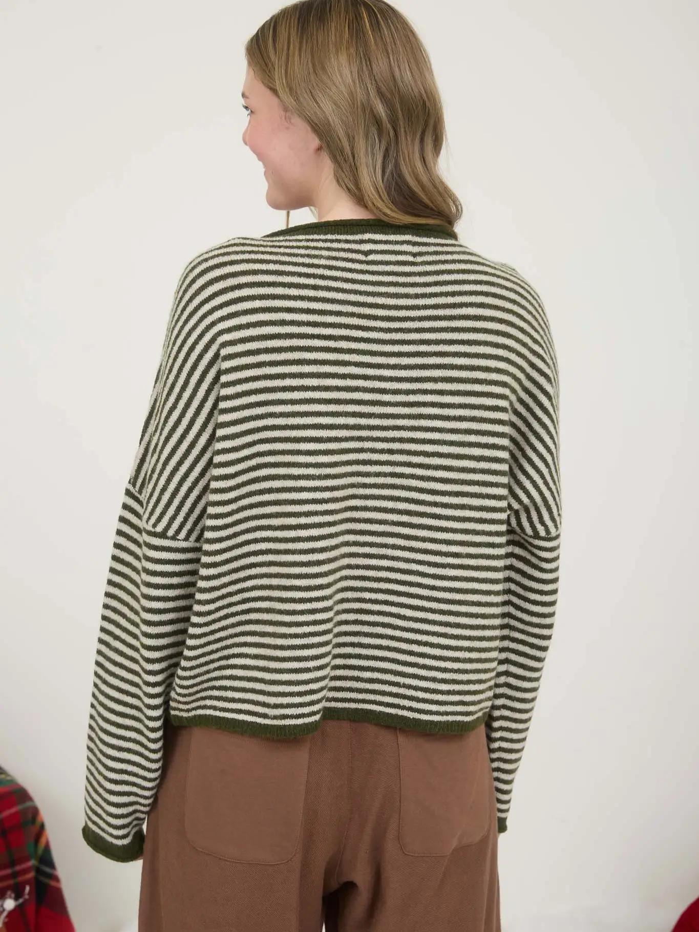 Stripe Raw Edge Drop Shoulder Knit Cardigan