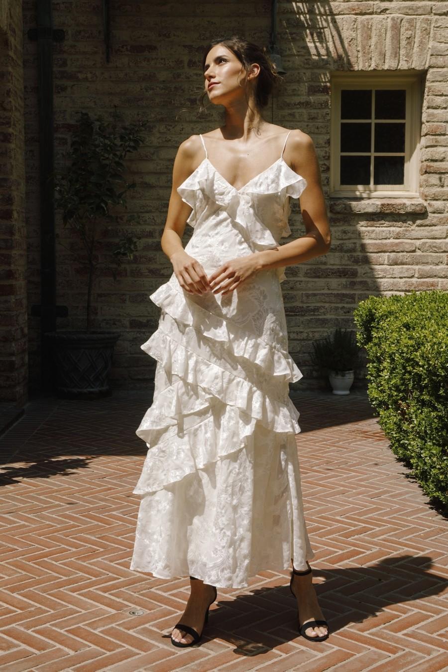 White Beads Embossed Print Ruffled Slip Dress