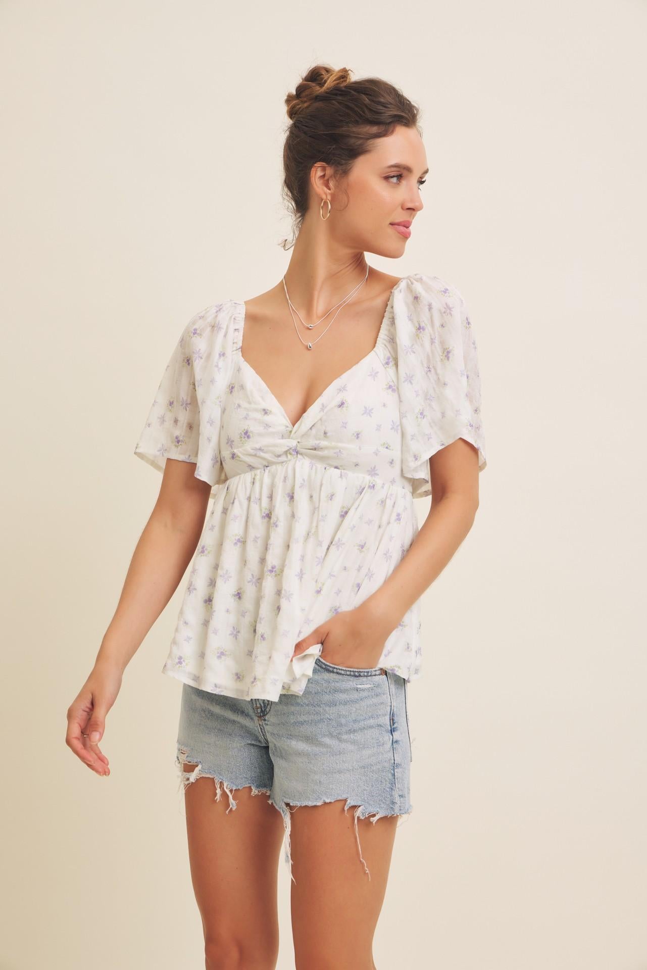 Sheer Crinkled Floral Blouse Knotted Front