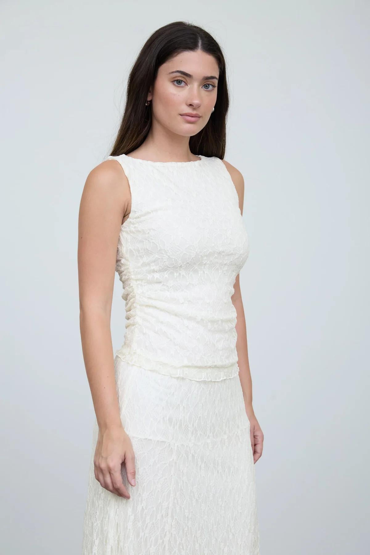 Cream Lace Boatneck Top and Midi Skirt SET