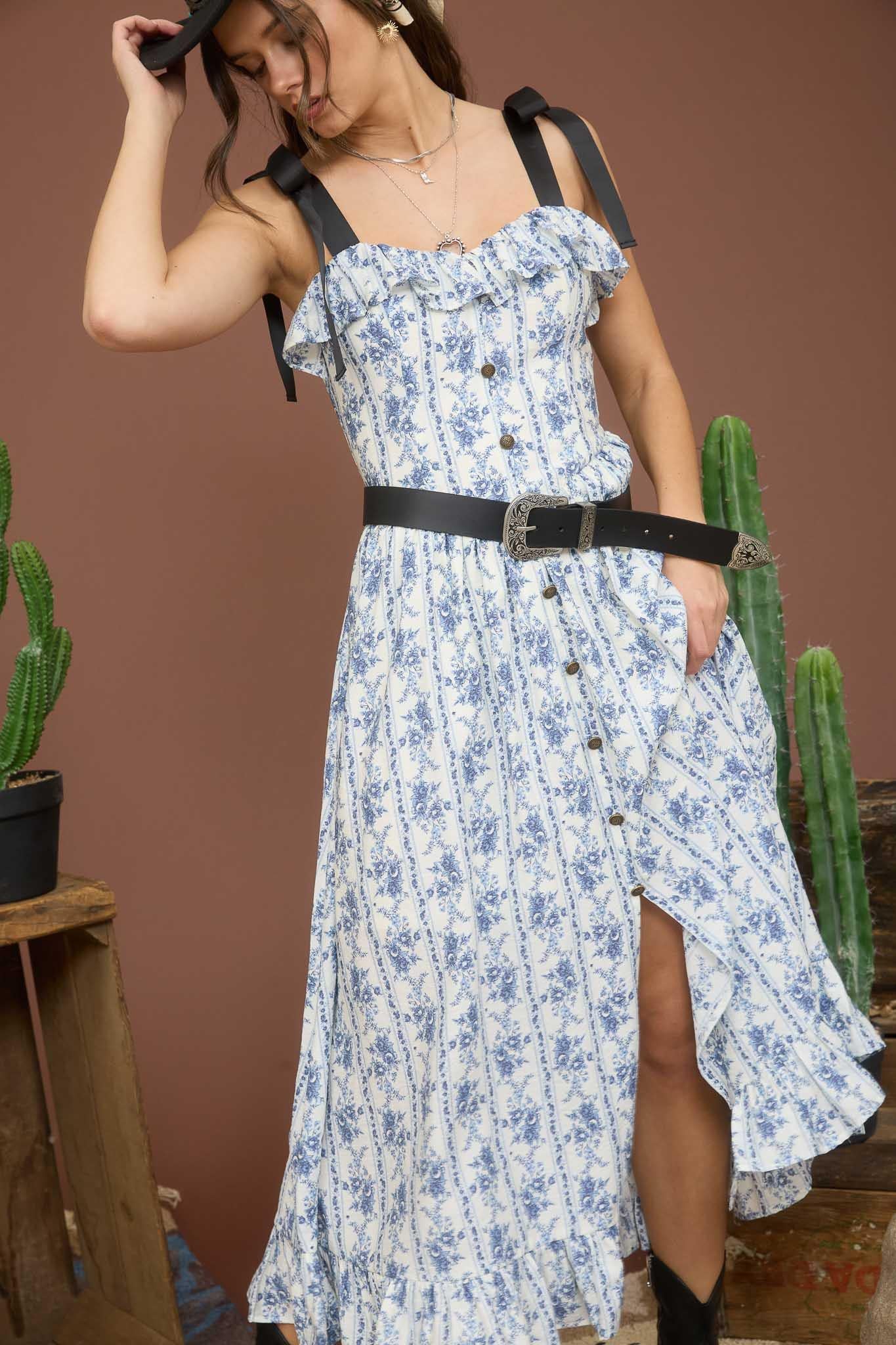 Blue Floral Striped Ruffle Midi Dress