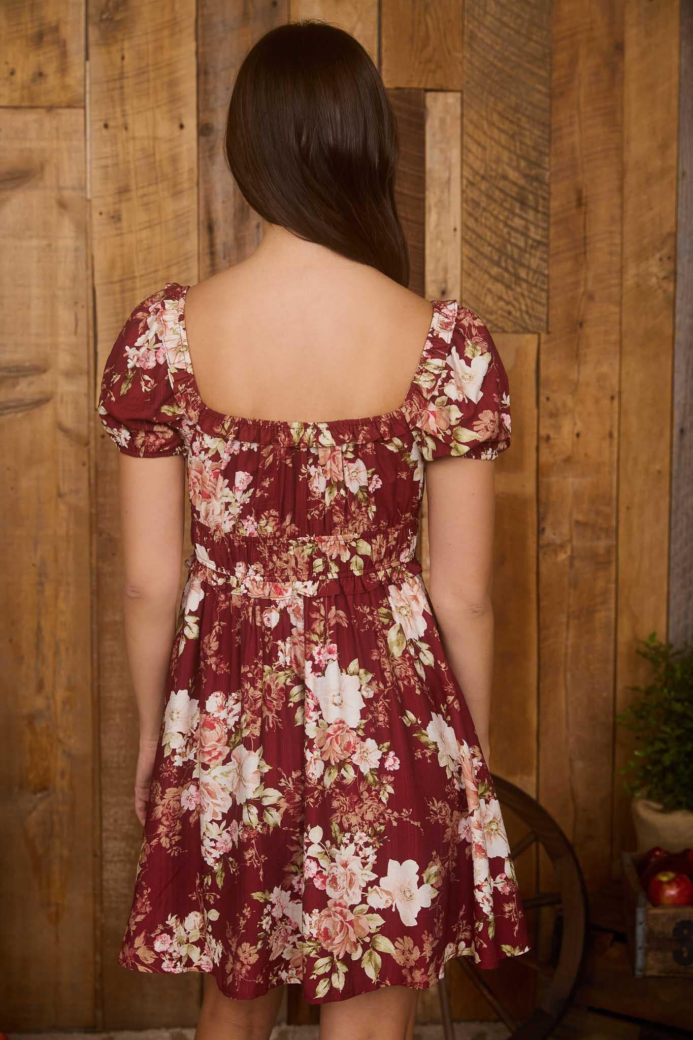 Burgendy Floral Ruffle Trim Velvet Mini Dress