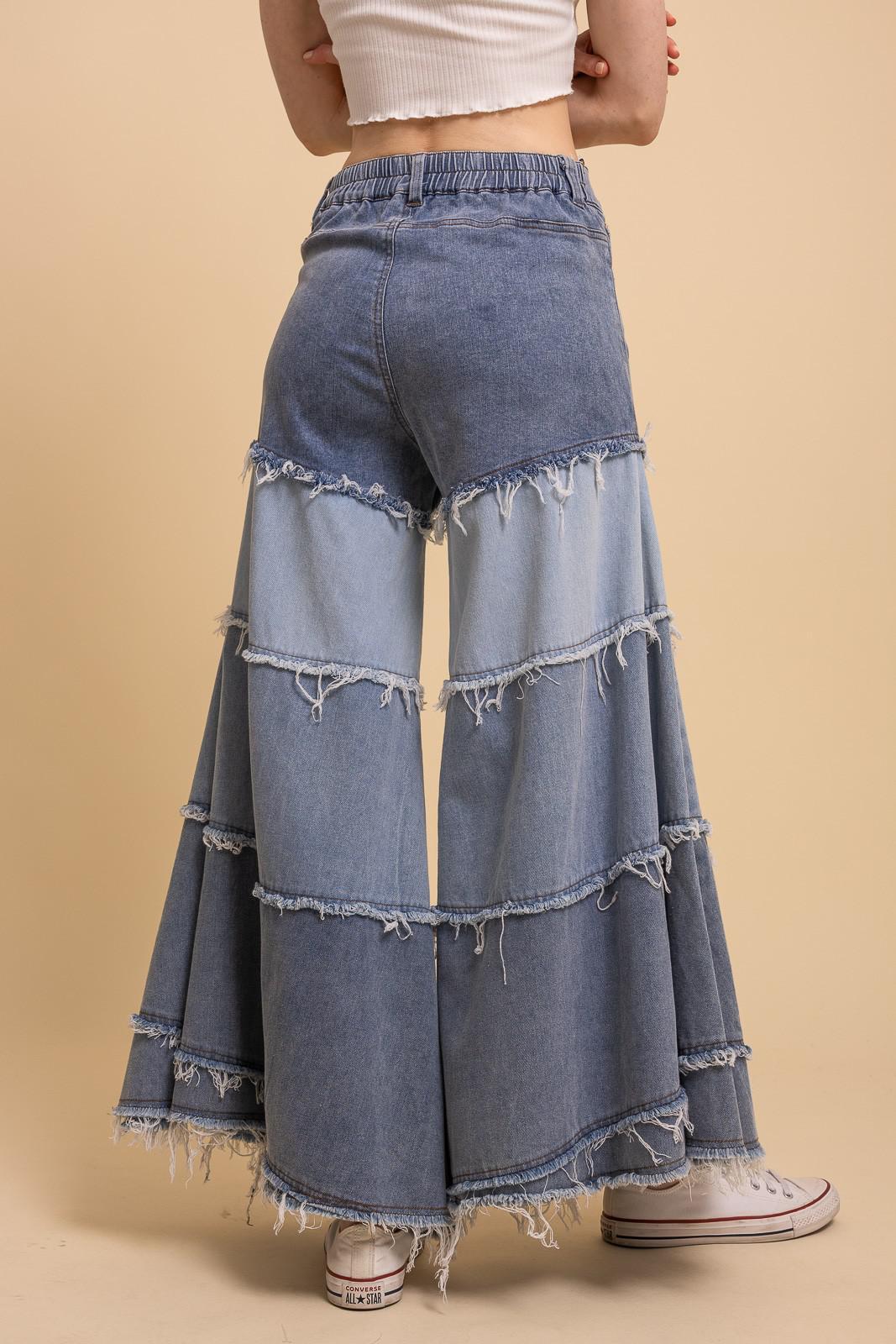 Tiered Contrast Denim Wide Leg Pants