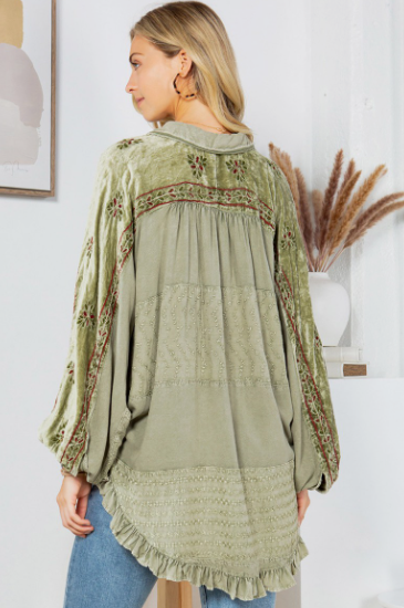 Olive Bohemian Stonewashed Rayon Bat Sleeves Top