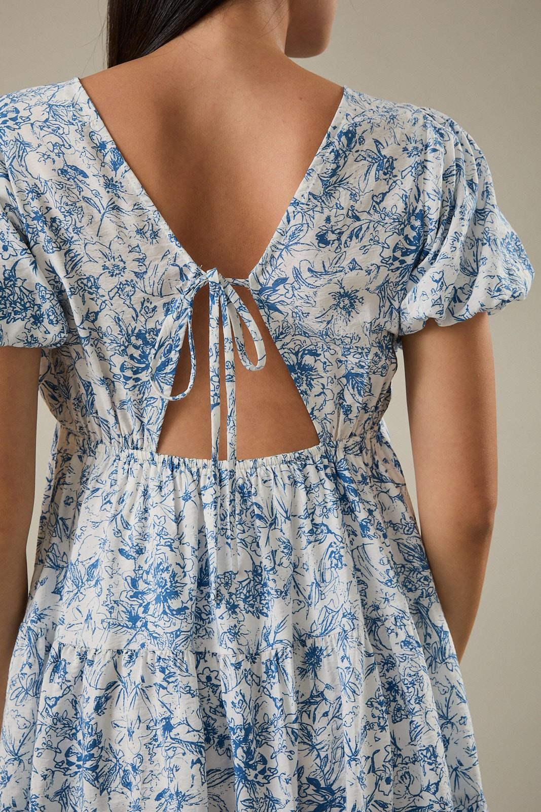 V-Neck Bubble Cut Out Back Floral Print Dress