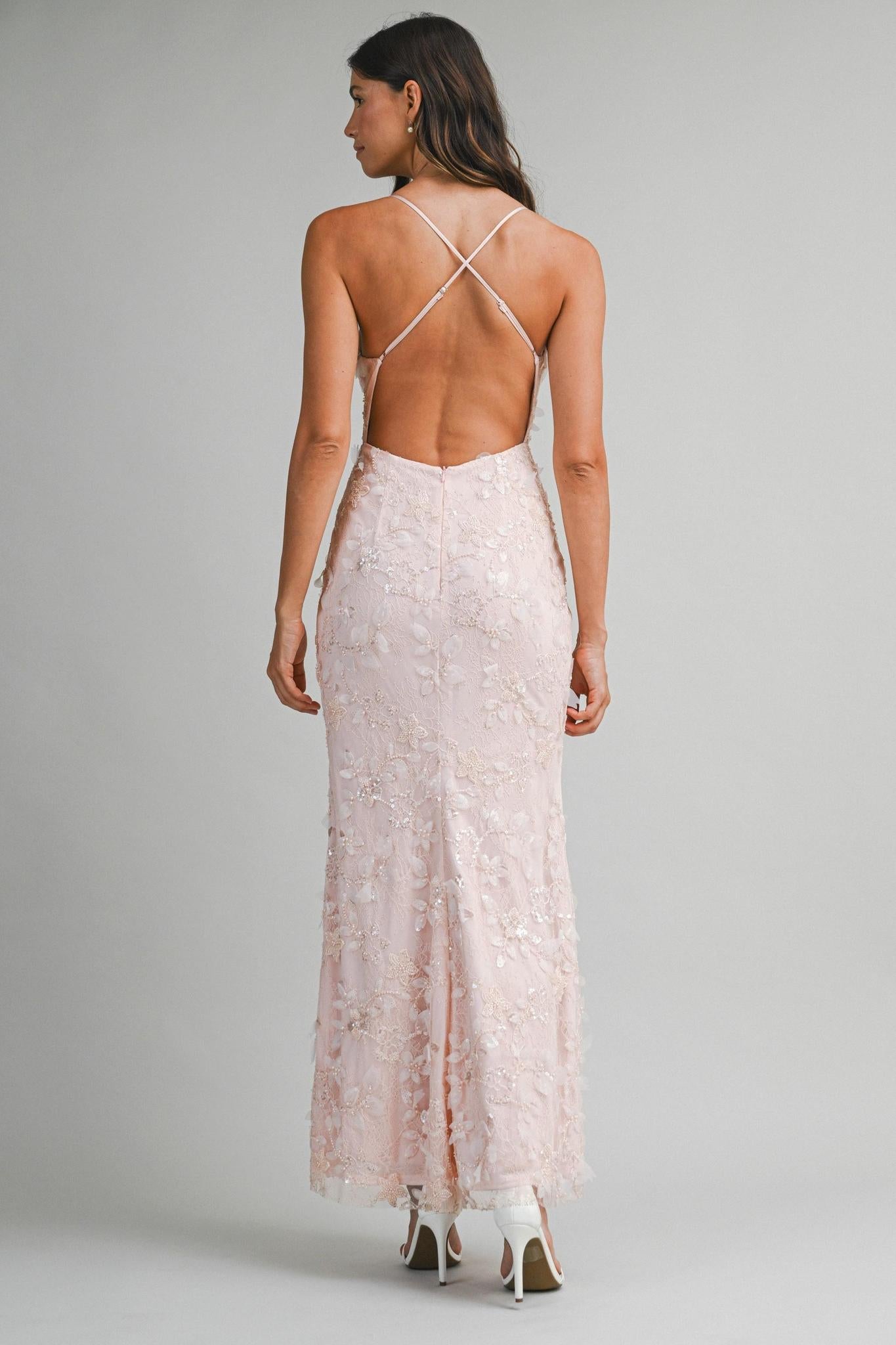 Embellished Lace Floral Applique Maxi Dress
