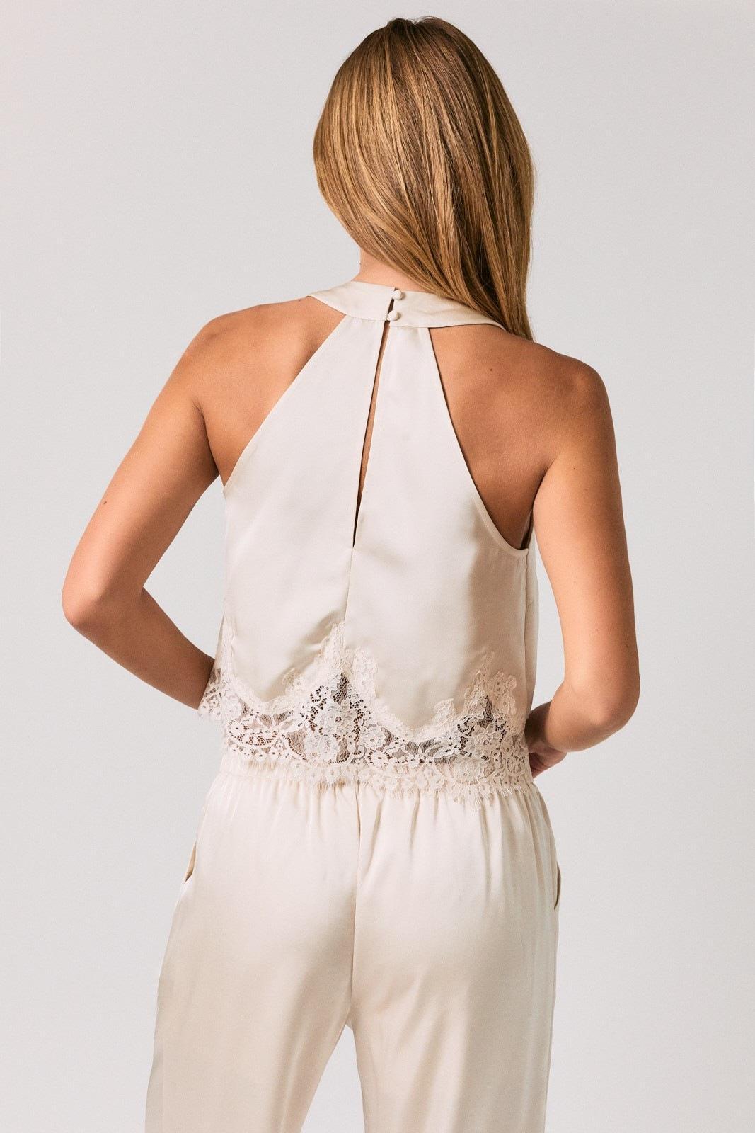 Halter Neck Lace Trim Detail Sleeveless Top